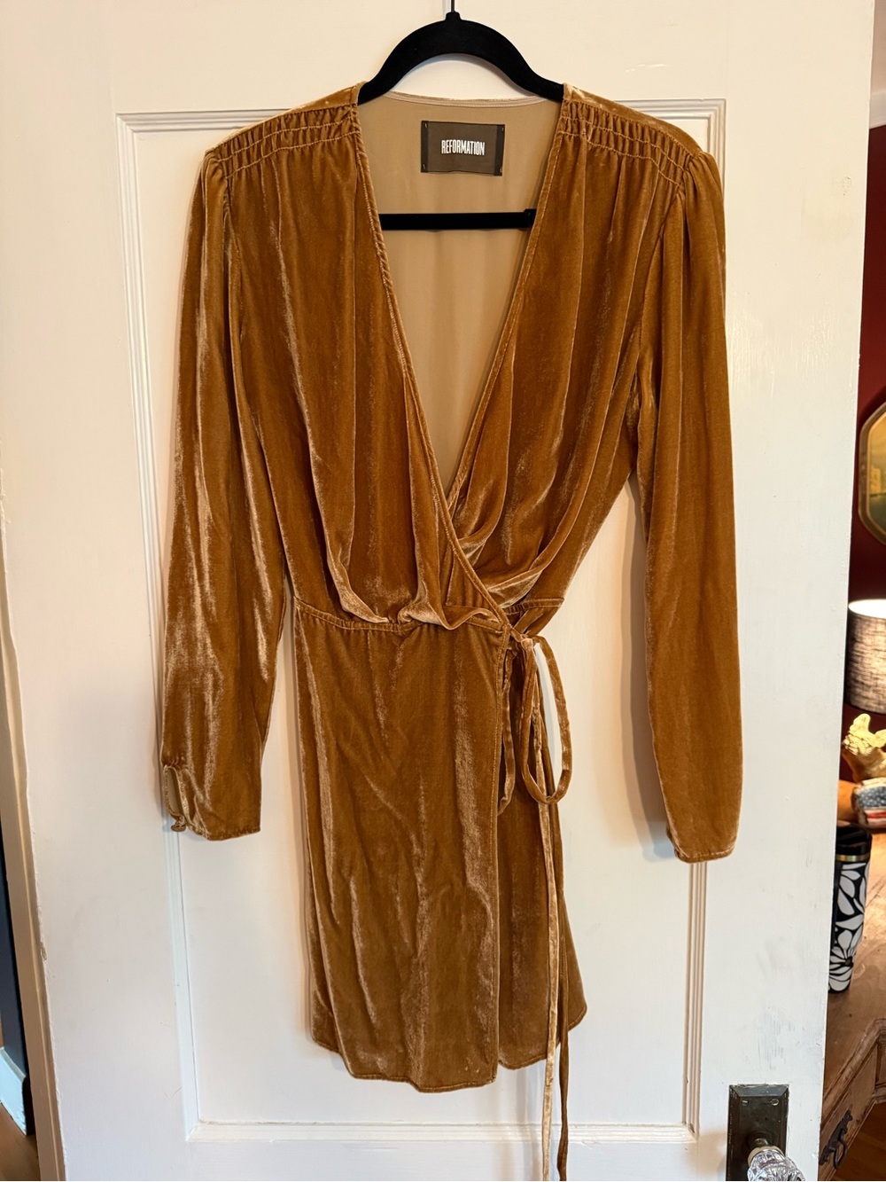 Reformation Mustard Velvet Wrap Dress